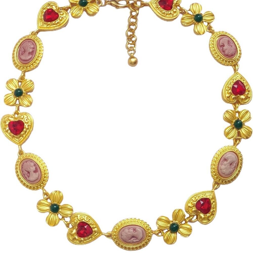 Chunky Y2K Jewelry Gold Necklace Red Heart Charm Colorful Vintage Collar - Picture 1 of 9